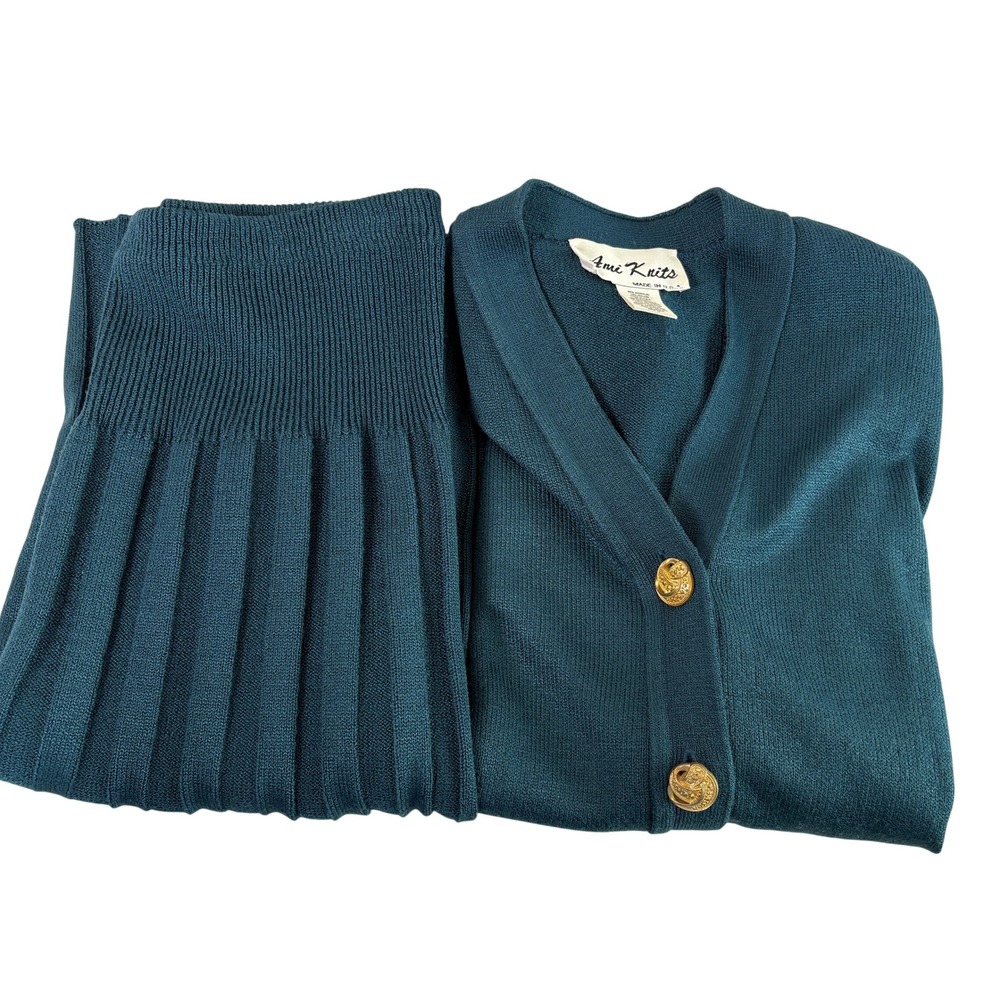Ami Knits Skirt Suit Set Womens 12 Teal Rainbow Stripe Gold Button Vintage USA